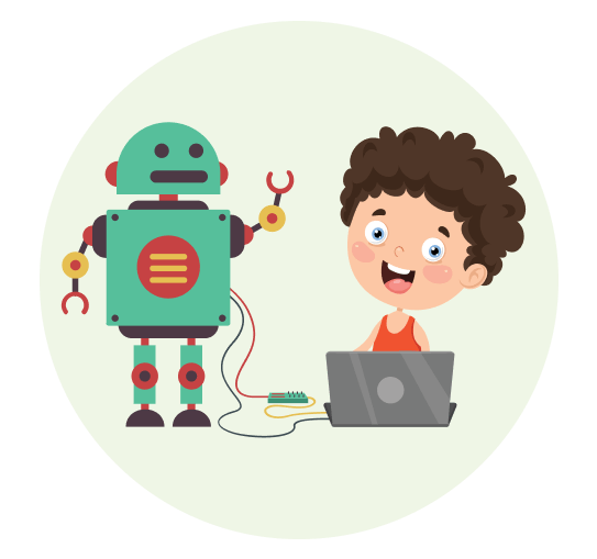 happy boy building robot with computer