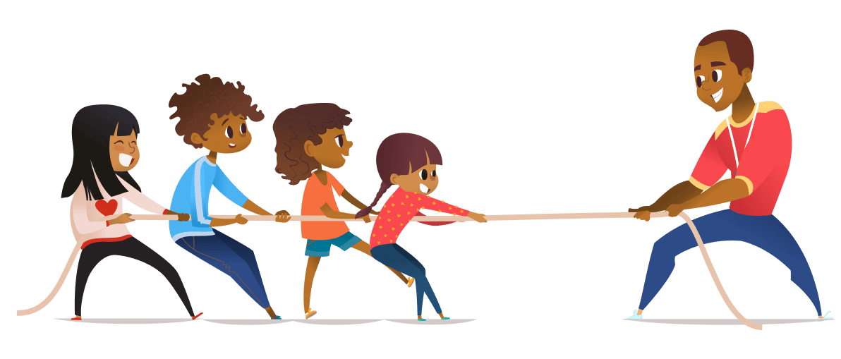 kids and teacher pulling the rope