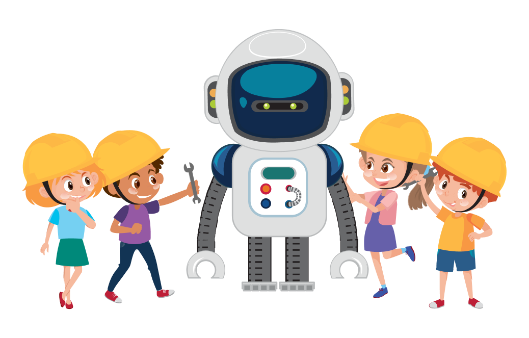 happy kids working together to build robot using math