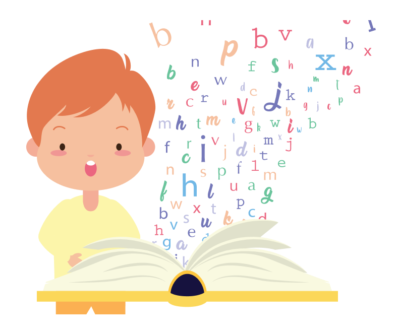 surpirsed boy looking at letters falling into a book