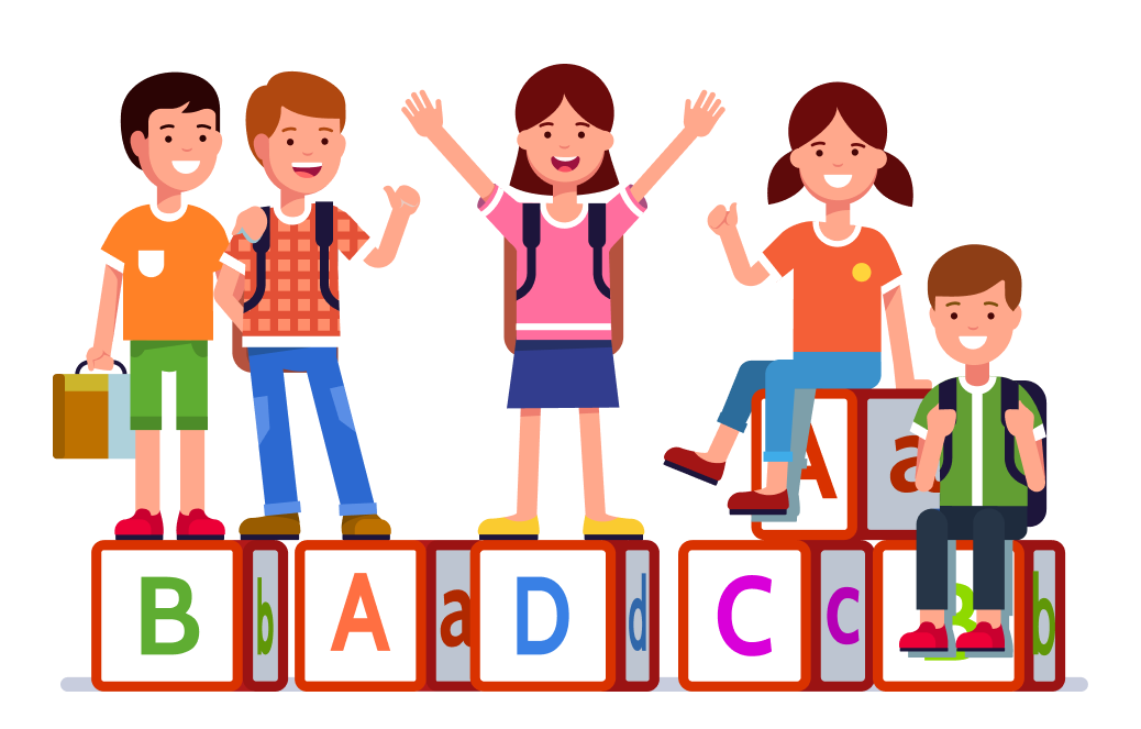 students smiling while standing on spelling blocks