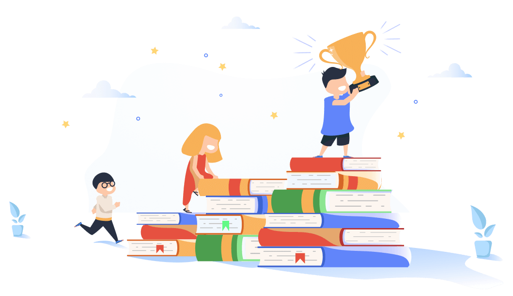 smiling students climbing books achieving success