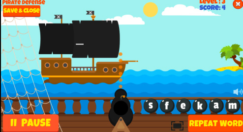 Pirate Defense fun spelling game to practice 1st grade spelling words on LoonyLearn
