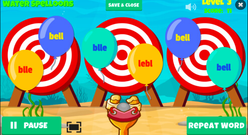 Water Spelloons fun spelling game to practice 1st grade spelling words on LoonyLearn